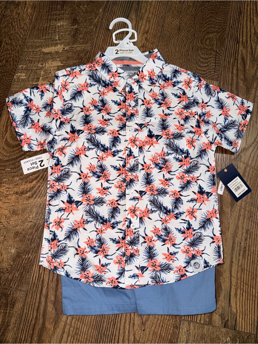 Kids Short-Sleeve Floral Button-Down Shirt & pants set - Coral & Navy on White